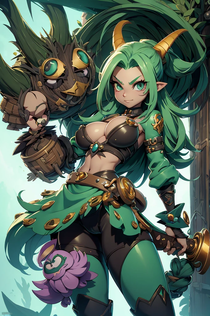 Rayman Legends style tree, character estilo art rayman legends, girl, fully body, STYLE mercenary with futuristic doom style weapons, Giant Accessories,Giant Monster, big breats,Little bunny,big breast, sensuality, elfo, mascot next door