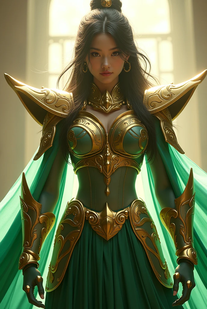 wanita Beautiful dalam baju besi ksatria saint saiya naga shiryu, full body view, real face of japanese women, Beautiful, perfect body, In the bright light of the film, saint seiya dragon shiryu depiction, very detailed in luminous green fabric, iconic armor, I see silence, they stand out. The armor shines brilliantly with a realistic and hyperrealistic level of detail., highlighting every part and its intrigue. Shiryu dragon figure, stand up straight, walk, exudes a sense of strength and wisdom