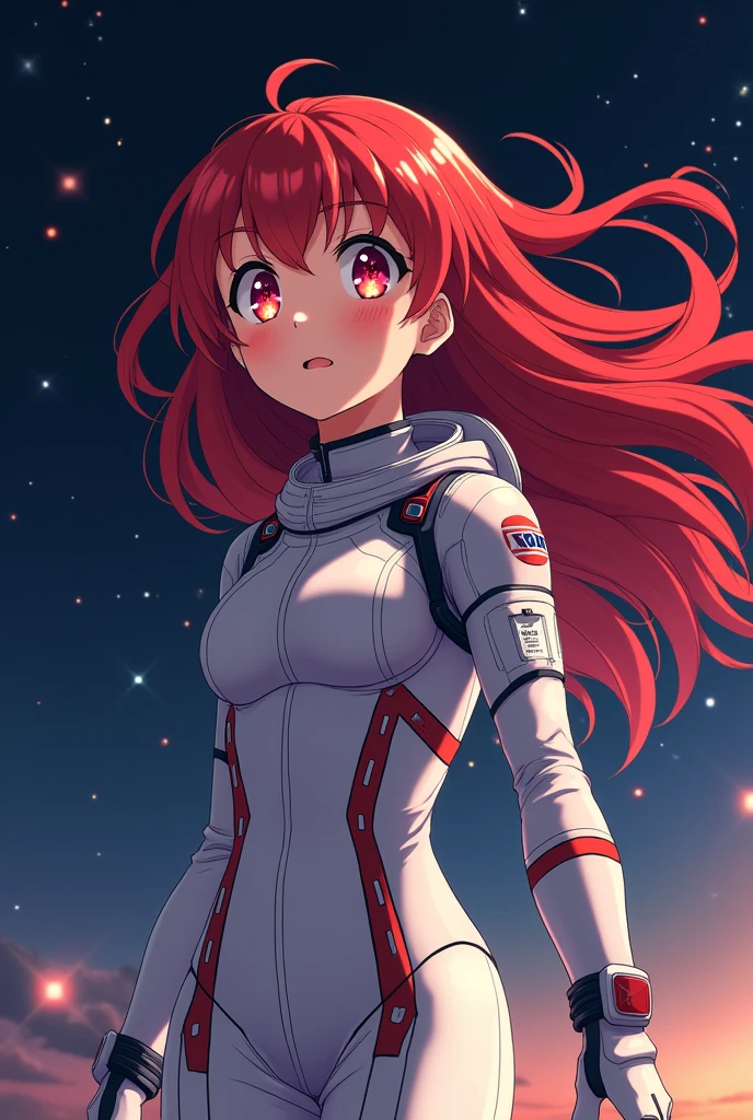 Anime girl with astronaut suit Without his headset, red haired and with an Star in the middle of his eyes