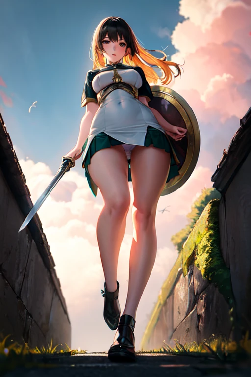 ((Best Quality)), ((masterpiece)), ( Very detailed), 1 girl,with tight dress, white with green, black stockings, mini skirt,white panties, with a sword, A shield, in a medieval landscape, looking at the viewer,((Whole body)),((view from below))