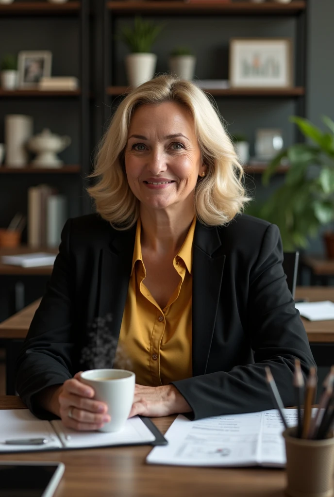 A blonde Brazilian woman,67 with 75kg, with black clothes and gold shirt, a black coat, in an office sitting.Drinking coffee and using a notebook