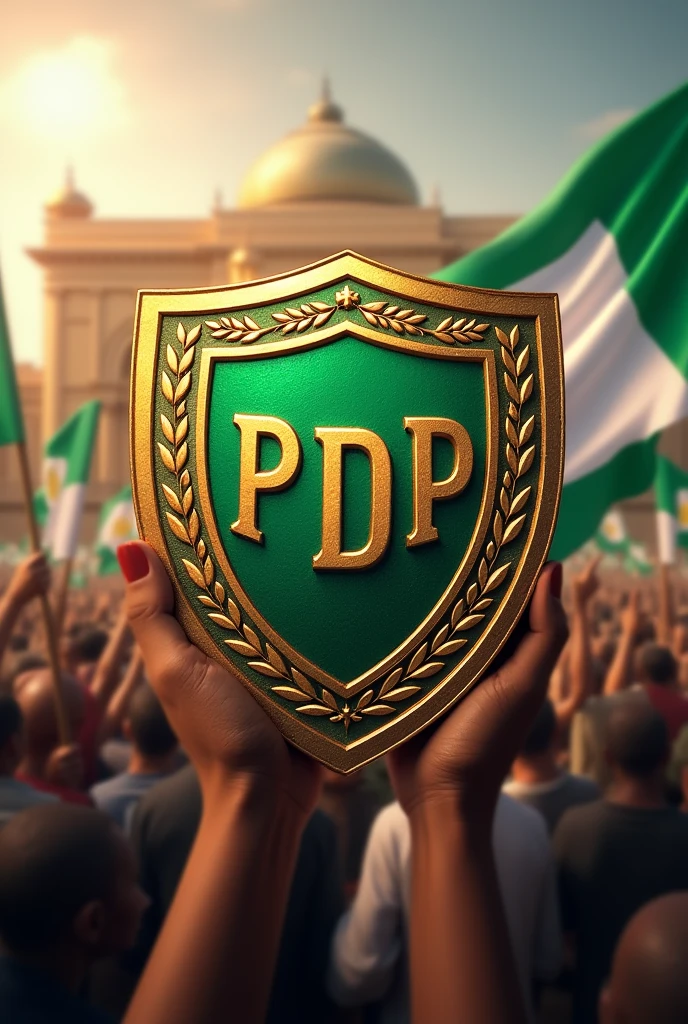 Generate a shield of a political party with the initials PDP and the motto People's Democratic Party