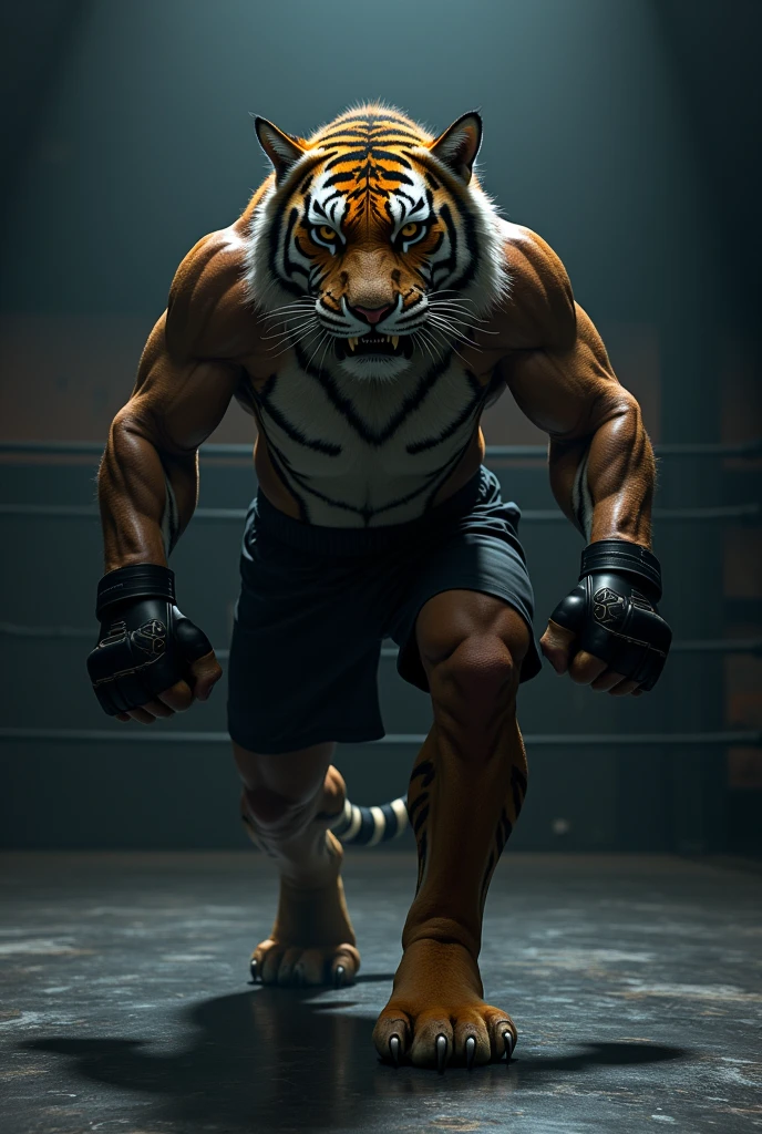 Dark silhouette in shadows of a humanoid tiger training in mma gym in shadows with mma gloves
