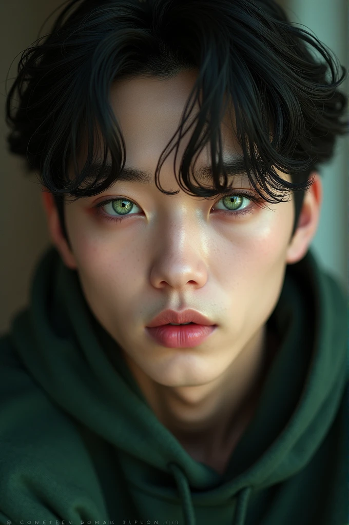 Young Asian man looks like kpop singers, very clear skin, pirate and green eyes