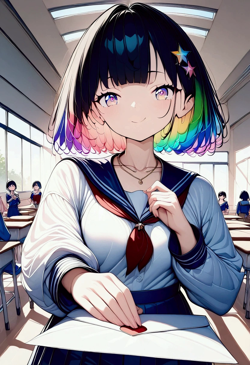 (((anime))) A woman winking,Hand over the letter,Gal,Short Hair,Messy short bob,(Rainbow Hair),Oblique bangs,One eye is hidden,Blushing,necklace,Rainbow Eyes,Big eyes Sailor suit,Volume sleeve,classroom,sunlight,masterpiece,Highest quality,Exquisite,8k,Absurd,Ultra-fine illustrations,(View your audience)