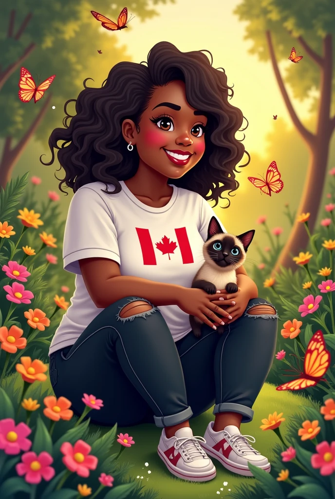 A slightly chubby black woman with curly hair, a white t-shirt with the Canadian flag, black jeans ripped at the knee and sneakers, she is in a garden full of flowers with the sunset in the background around her full of colorful butterflies with a Siamese kitten on her lap and sitting cartoon