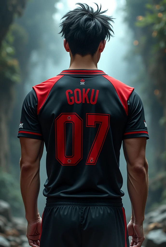 Make a person showing his backside with a jersey coloured with black and sleeves red coloured with a jersey number 07 with the name GOKU and above the name written in small fonts immortal souls 