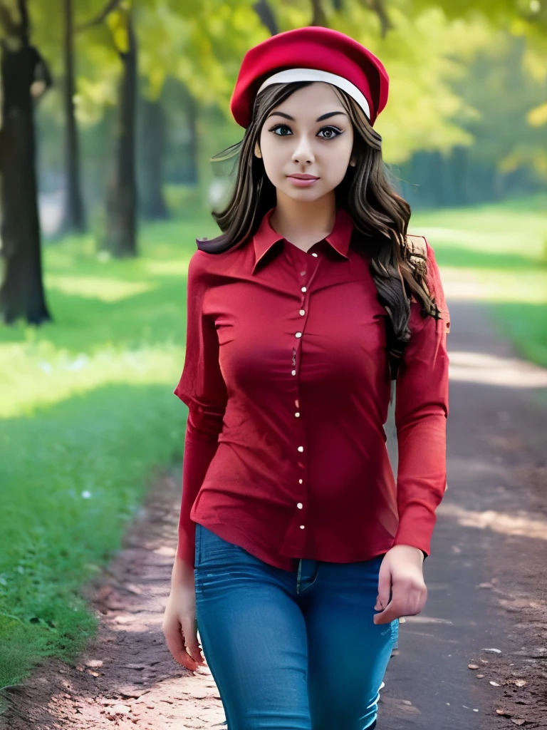 Masterpiece, Best Quality, 8K, Photographic Reality, Realistic, a girl ,20, with brown eyes, dark hair, wearing a collared shirt and red beret, walking through a forest