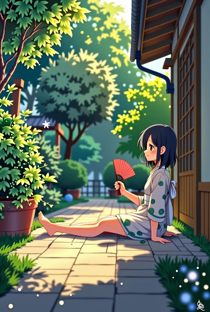Ghibli style House patio floor Sit down with your legs stretched out A girl in a pure and romantic yukata Cooling off with a fan Summer evening