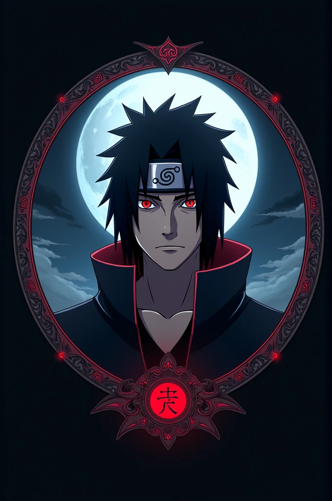 Create logo itachi uchiha from naruto in background circle and inside the circle dark sky moon and on the circle write SOORYA