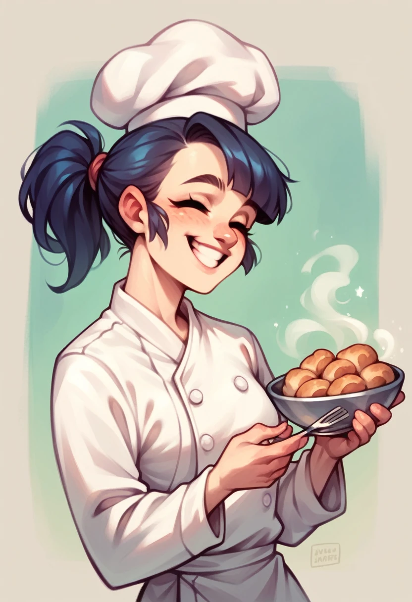 Minimalist cartoon of a woman pastry chef, looking calm, smiling and happy. Her appearance is small and cute.. With a ponytail in her hair 