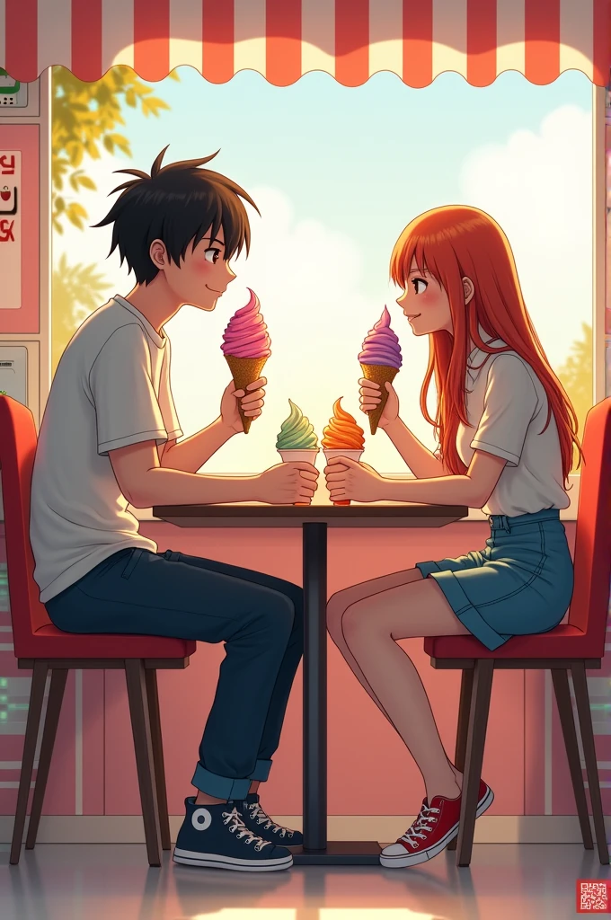 Itaci and gojo eating ice cream at the shop like friends