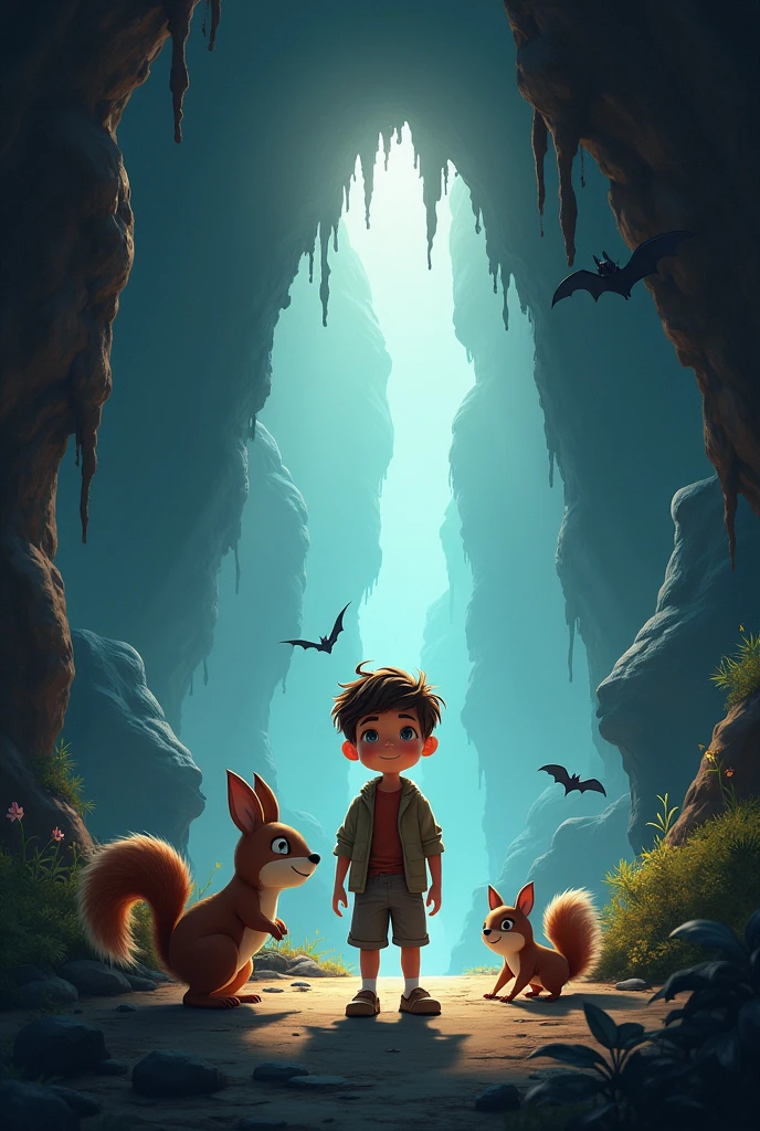 a picture of a boy inside a cave with a bat and a squirrel walking around