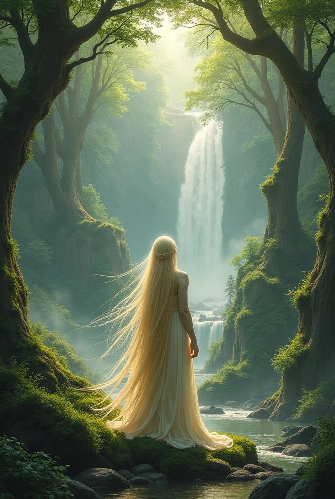 Paysage elfique avec inscription en la gueule elfique (tengwar ) with an elf with very light blond long hair 