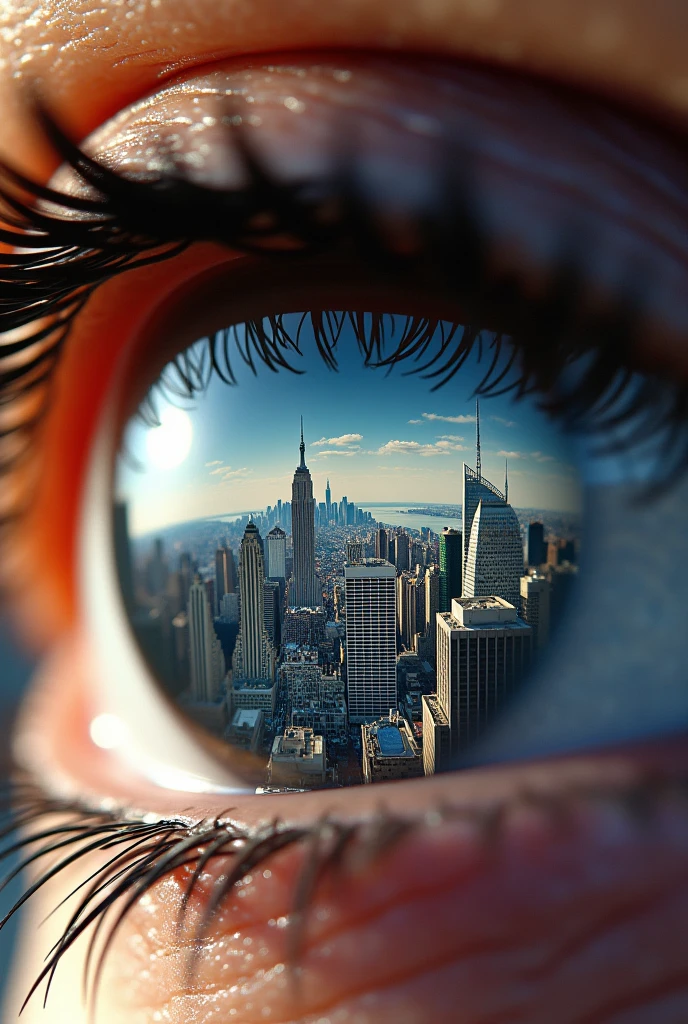 Create an image of a human eye and it reflects a large city with skyscrapers