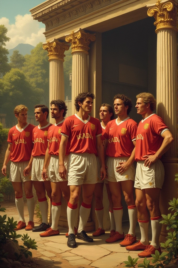 Please create a Renaissance style picture of PSV Eindhoven’s 1987/88 treble (UEFA Champions League, Eredivisie and KNVB Cup) with ancient Greek setting. Use techniques such as chiaroscuro and warm color palette.