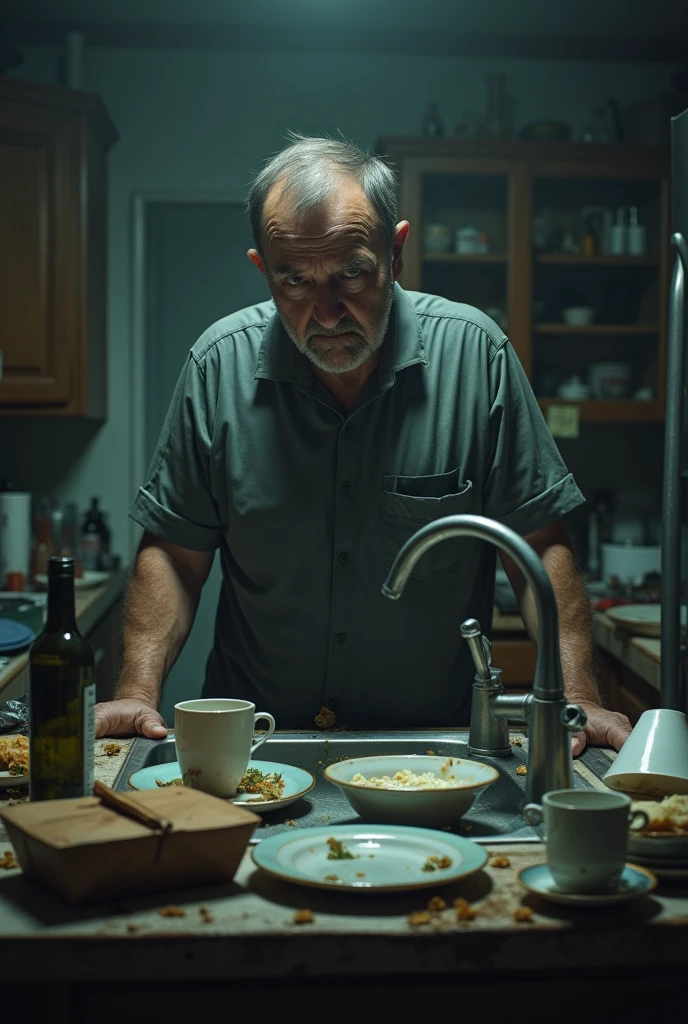 Sad man with dirty dishes in the sink