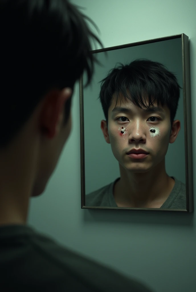 Create an image of a young man looking in the mirror and seeing 2 slightly large gunshot holes in his reflection.