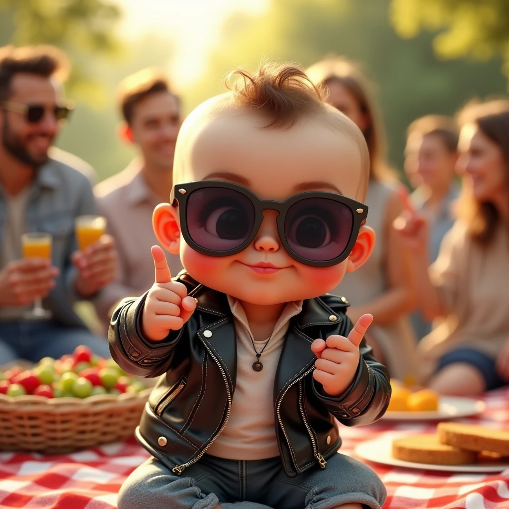 ウィンクしながらピースサインをするイケイケ赤ちゃん: "Create a lifelike image of a wearing oversized, cool sunglasses, winking at the camera while flashing a peace sign. The babydressed in a mini leather jacket with rolled-up sleeves, exuding a playful and confident attitude. The background is a vibrant outdoor family picnic with food and laughter, adding to the lively and social atmosphere."