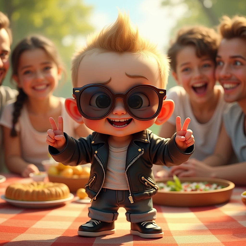 ウィンクしながらピースサインをするイケイケ赤ちゃん: "Create a lifelike image of a wearing oversized, cool sunglasses, winking at the camera while flashing a peace sign. The babydressed in a mini leather jacket with rolled-up sleeves, exuding a playful and confident attitude. The background is a vibrant outdoor family picnic with food and laughter, adding to the lively and social atmosphere."