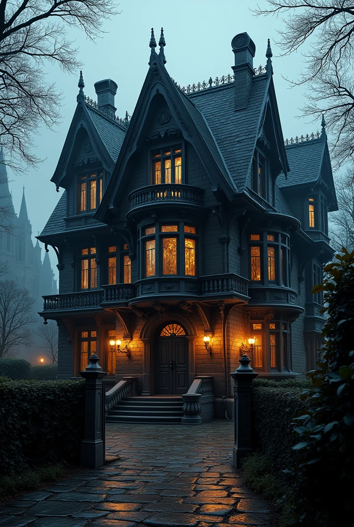 A medieval house in black with a touch of vanity and chandeliers