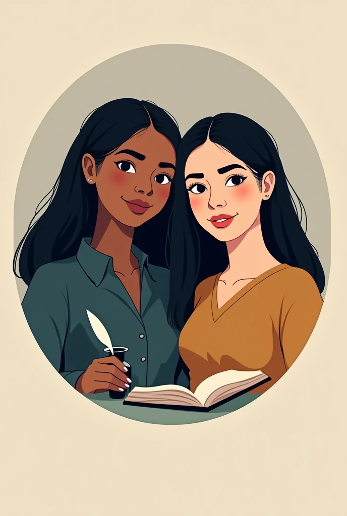 A logo for a history podcast, of two girls named Isa and Nicole. Isa is a brown girl with straight black hair., and Nicole is a white woman with slanted eyes and straight black hair.