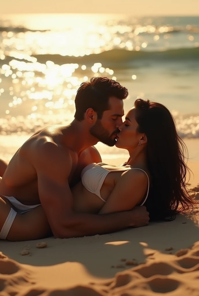 A man who looks like Henry Cavvil is having sex with a woman with black hair on the beach, lying in the sand