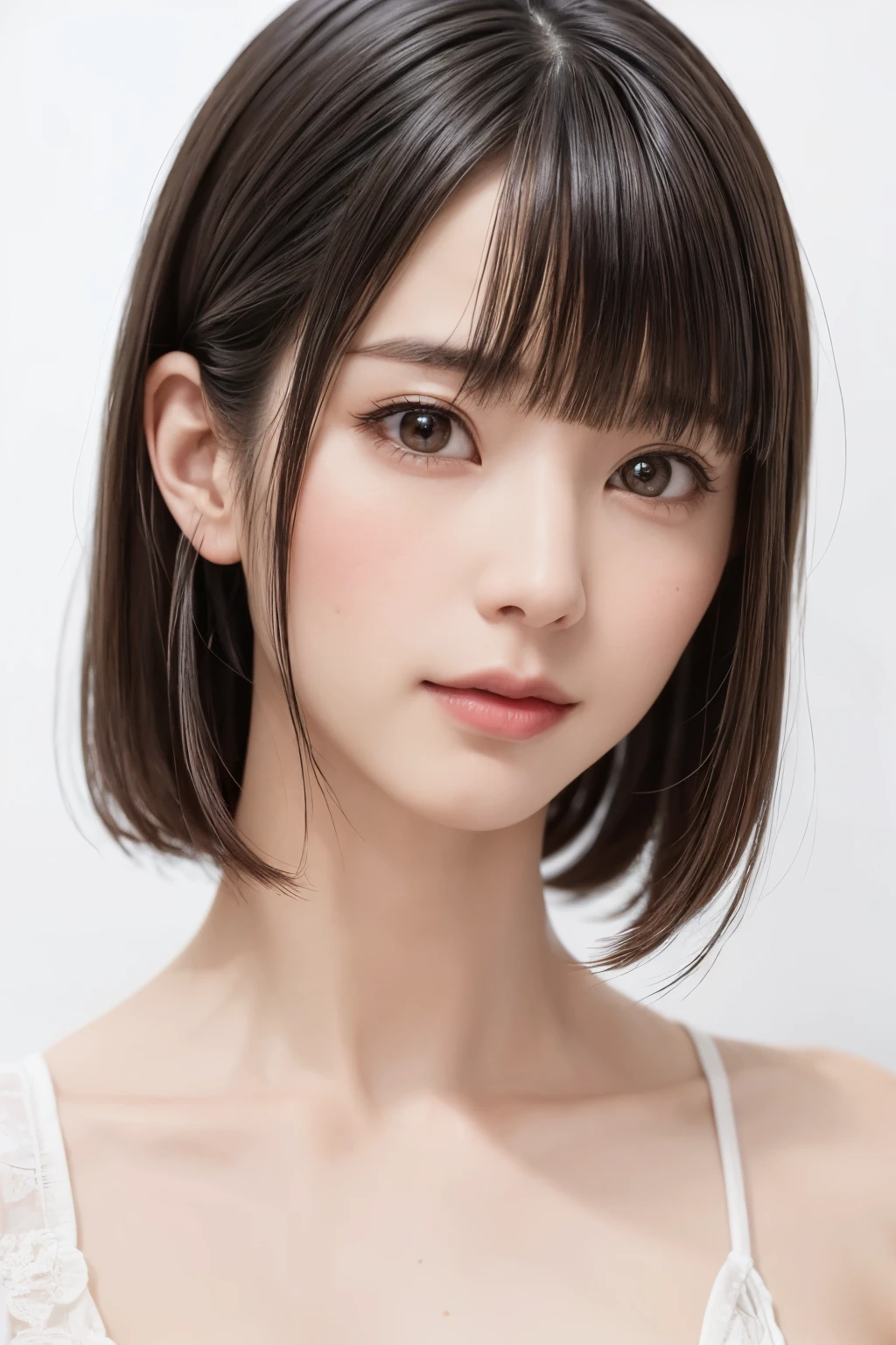 ((masterpiece, Highest quality, High resolution、Realisticですべてが美しく詳細に描かれている)), 1 person, (Realistic: 1.4), alone, White Background, snow-White Background, Mouth closed, smile, smile, Beautiful black hair, short hair, Big eyes, Transparent double eyelids, eyelash, Listen carefully, Long neck, 美しくLong neck, Absolute area, ((Face close-up)), (Draw the whole head, shoulder), 1, Attractive proportions, Glowing Skin, Beautiful clavicle, Golden ratio face, Perfect Face, Teardrop-shaped mole, chestのほくろ, bangs, clean bangs, beautiful bangs, Lip gloss, Thin lips, Fair skin, naked, Big Breasts, {Huge|big|Hugeな|Mega} chest:2, chestの谷間:2,chestの谷間を見せる、Small face, Small face, All the heads are painted, shoulder all drawn, Point slightly above the camera