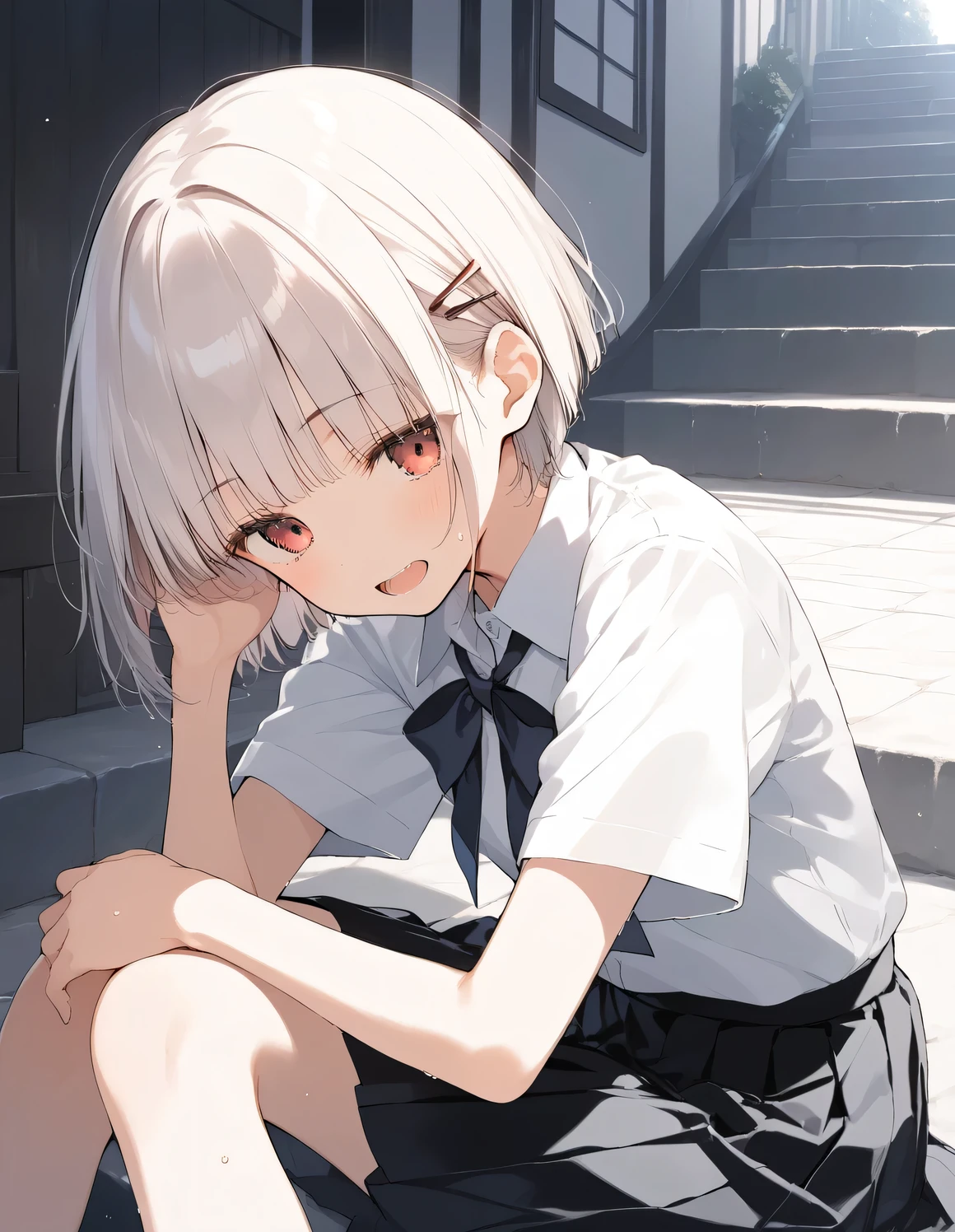 score_9, score_8_up, score_7_up, source_anime, best quality, masterpiece, official art, absurdres, highres, ultra-detailed,waifu2x,Collection: Slice of Life,break,1girl, very short hair, blunt bangs, hime cut, small breasts, beautiful detailed eyes, collared shirt, pleated skirt, sweat, open mouth, (yawn:0.3), expressionless, outdoors, sitting, stairs, (Detailed Lighting), (Detailed background),break,(clear line illustration:1.2), super detailed skin,very high resolution, very aesthetic, Best sexual lighting powered by famous artist, 8k, 16k, cute picture,beauty illustration,photoshop_(medium),,(Detailed Lighting),best anime 8k konachan wallpaper, pixiv contest winner, ((artist:takeuchi_takashi )),