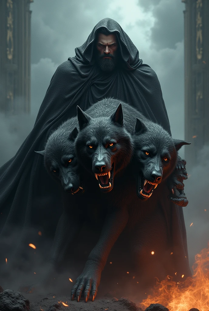 Hades holding one of the Cerberus heads by the neck