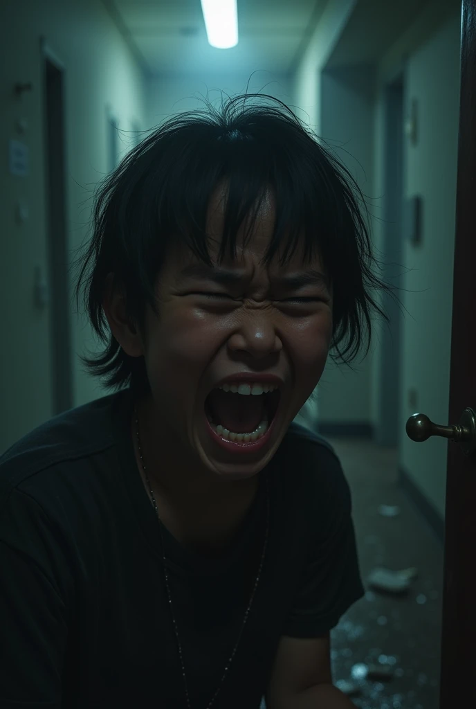 image represents the fragment "I couldn't breathe. Nor shout.
It seemed like my heart was going to explode.
Petrified by terror, I made a desperate effort, and looked back. —¡Josh! —I let out an enraged scream—. Casime scared me to death. I thought that..."