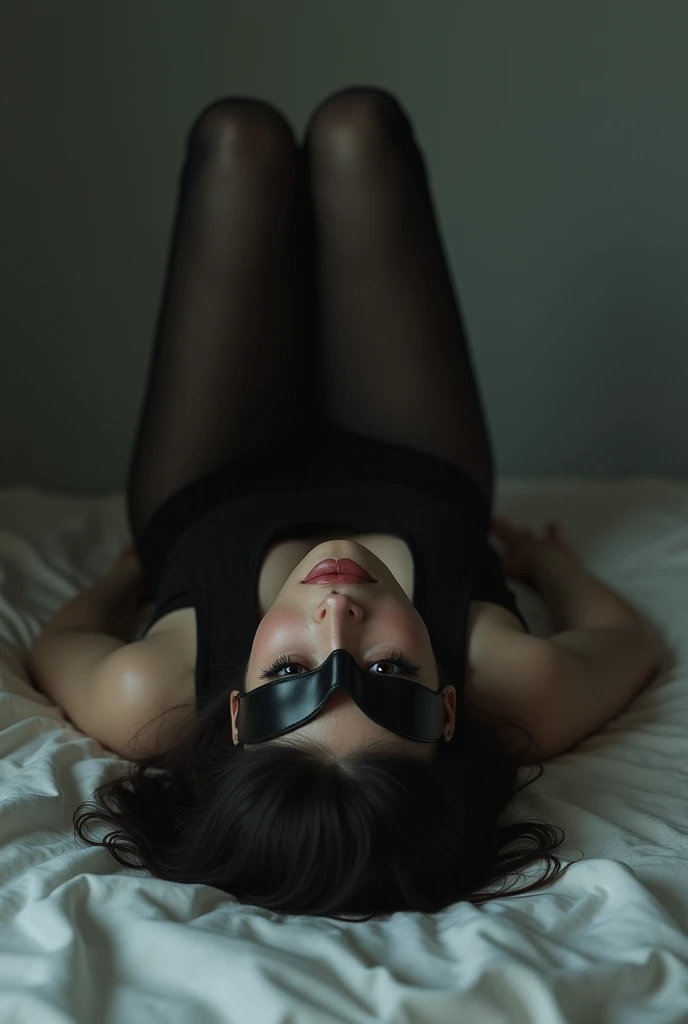 eyes full of love and affection, eyeliner, mask, lonely lady, legs fully extended and straight, Lying face down with legs raised, thighs placed together, ultra detailed,black stockings black stockings