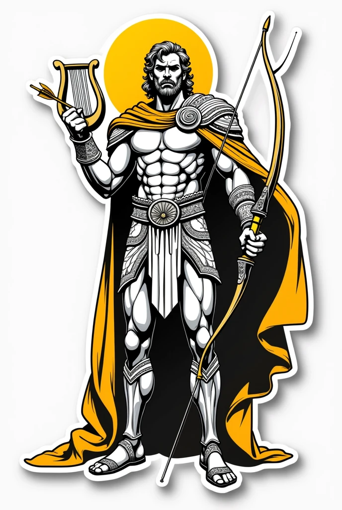 Apollo the god of sun wearing an armour and holding a bow and arrow and a harp. Make him facing in front and his face a little fierce. No background, with bold outline, and sticker style. Make it just a half body. Make him holding the bow in his right hand, the lyre in his left hand, and the arrows at his back. Make the details a little simpler. Make him look like more "godlike" and wearing a cape. Where is the harp? Add a touch of color yellow.