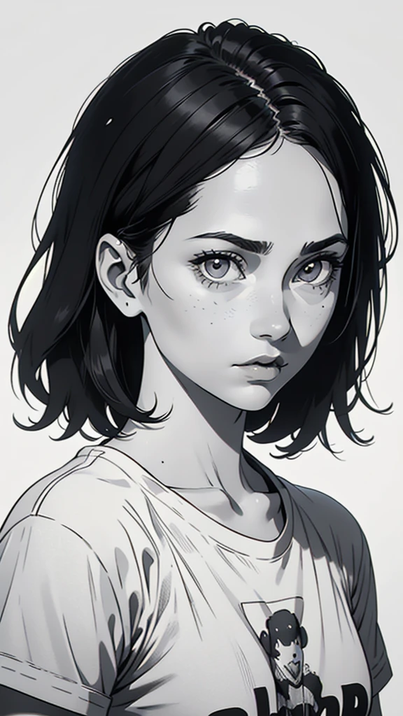 1 boyish girl, solo, sharp eyes, expressionless, monochrome, greyscale, short black hair, portrait, white T-shirt, closed mouth, looking at viewer, graphite \(medium\), detailed lips, hatching \(texture\), without makeup, bangs, upper body, (best illustration), (best quality), (very detailed), (masterpiece), expressionless,