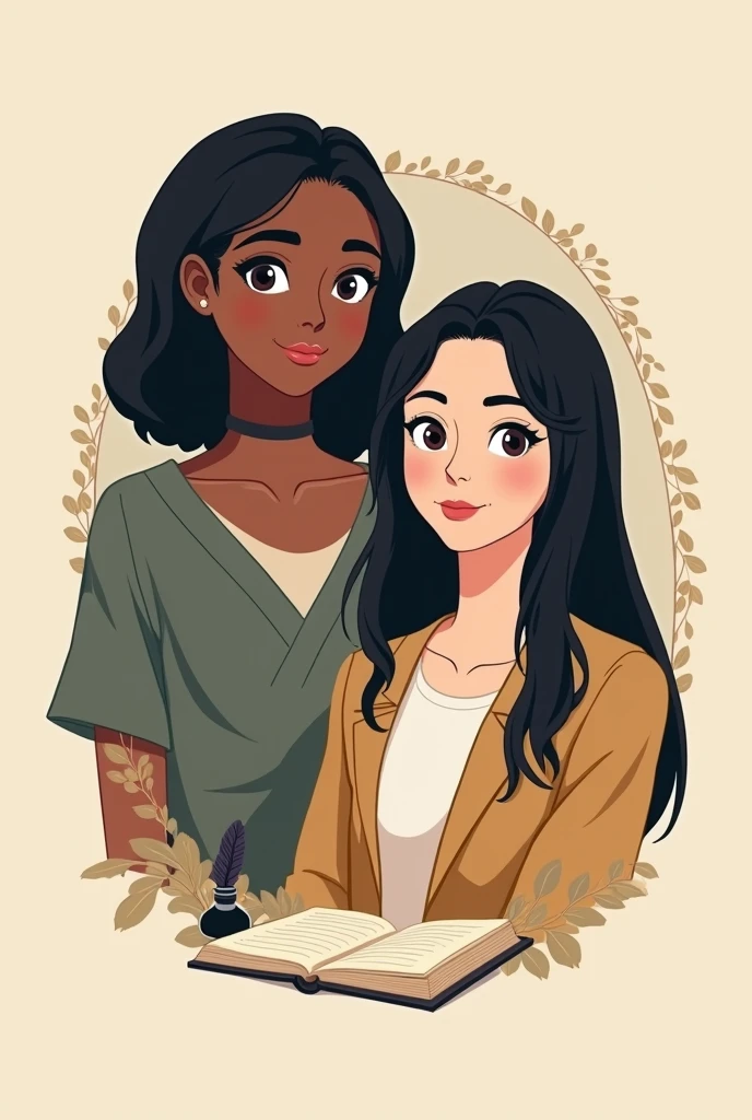A logo for a history podcast, of two girls named Isa and Nicole. Isa is a brown girl with straight black hair., and Nicole is a white woman with slanted eyes and straight black hair.