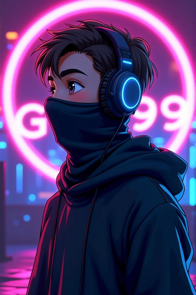 ((best quality)), ((masterpiece)), ((Detailed)), ((cartoon)),A 20 year old young boy wear black colour cloth mask on face and headphones and playing game in his video game device his purple and blue neon background, white neon outline on his body 8k UHD, Ninja Outfit , a Text in his background ( Gtx99 ) ( A circle Mask for profile picture)