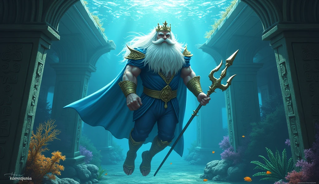 King Triton swimming in a museum under the sea