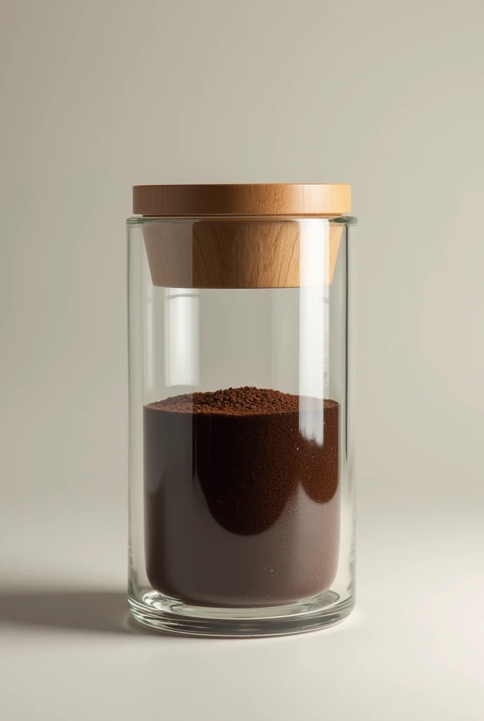 Giant sustainable and innovative glass coffee packaging with a wooden lid with a label that says Lavazza with ground coffee. When finished, the product looks like a vase.