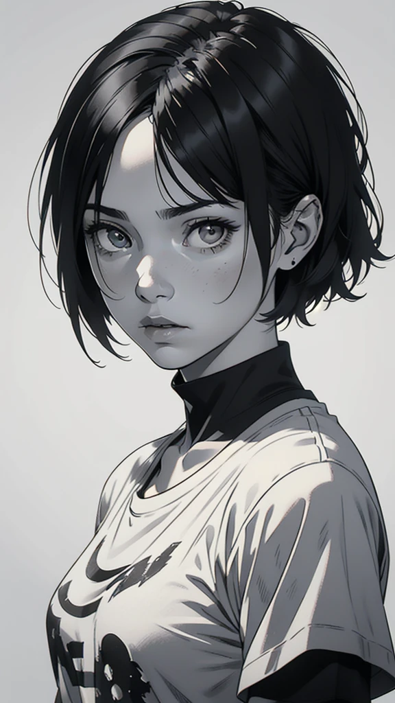 1 boyish girl, solo, sharp eyes, expressionless, monochrome, greyscale, short black hair, portrait, white T-shirt, closed mouth, looking at viewer, graphite \(medium\), detailed lips, hatching \(texture\), without makeup, bangs, upper body, (best illustration), (best quality), (very detailed), (masterpiece), expressionless,
