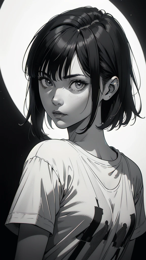 1 boyish girl, solo, sharp eyes, expressionless, monochrome, greyscale, short black hair, portrait, white T-shirt, closed mouth, looking at viewer, graphite \(medium\), detailed lips, hatching \(texture\), without makeup, bangs, upper body, (best illustration), (best quality), (very detailed), (masterpiece), expressionless,