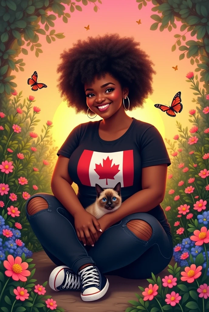 A slightly chubby black woman with curly hair, a black t-shirt with the Canadian flag, black jeans ripped at the knee and sneakers, she is in a garden full of flowers with the sunset in the background around her full of colorful butterflies with a Siamese kitten on her lap and sitting cartoon