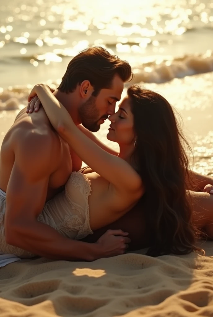 A man who looks like Henry Cavvil is having sex with a woman with black hair on the beach, lying in the sand