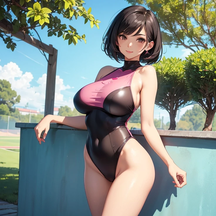 (Masterpiece), (High Resolution), (Best Quality), (Anatomically Correct), (High Details), (HD), (High Quality), (character solo, alone), (fantasy), (anime style)
{{1character:50 years old black haired milf wearing a highleg pink one-piece swimsuit:(medium shoulder length black hair bob cut, pale skin,brown eyes, sharp nose, black thick eyebrows, very thin lips, nice feminine body, beautiful body, beautiful hips, big breasts, beautiful legs, beautiful arms, delicated features, big rounded butt, beauty, feminity, sweet demeanor, motherly personality),((she wars a: full pink pink highleg onepiece-pink-swimsuit, clevage, and black heeled shoes)),((sweet expression and sweet smile),(sexy modeling pose),(standing patient and calm)),((stadium backyard), (sunny day),(light-blue sky),(simple background),(yellow backyard's walls),(spring season),(very few people there)}}