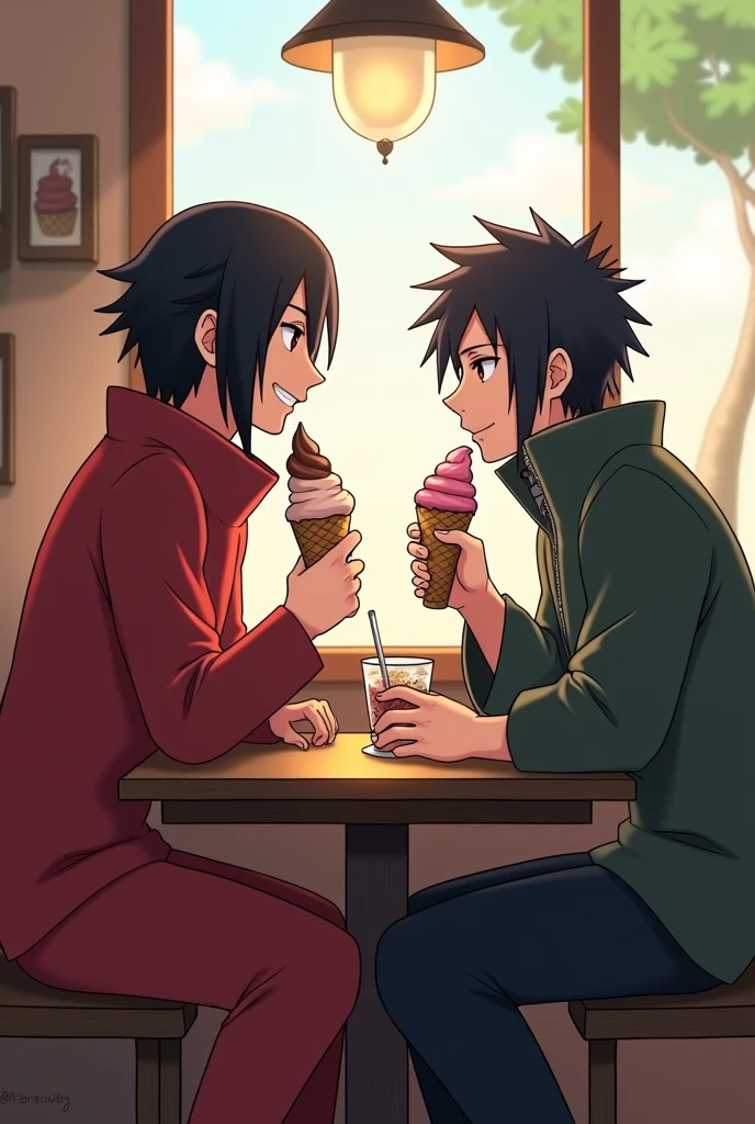 Itaci uchia and gojo stauro
eating ice cream at the shop like friends
