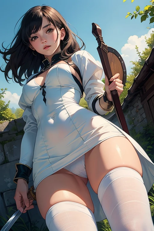 ((Best Quality)), ((masterpiece)), ( Very detailed), 1 girl,with tight dress, white with green, black stockings, mini skirt,white panties, with a sword, A shield, in a medieval landscape, looking at the viewer,((Whole body)),((view from below))