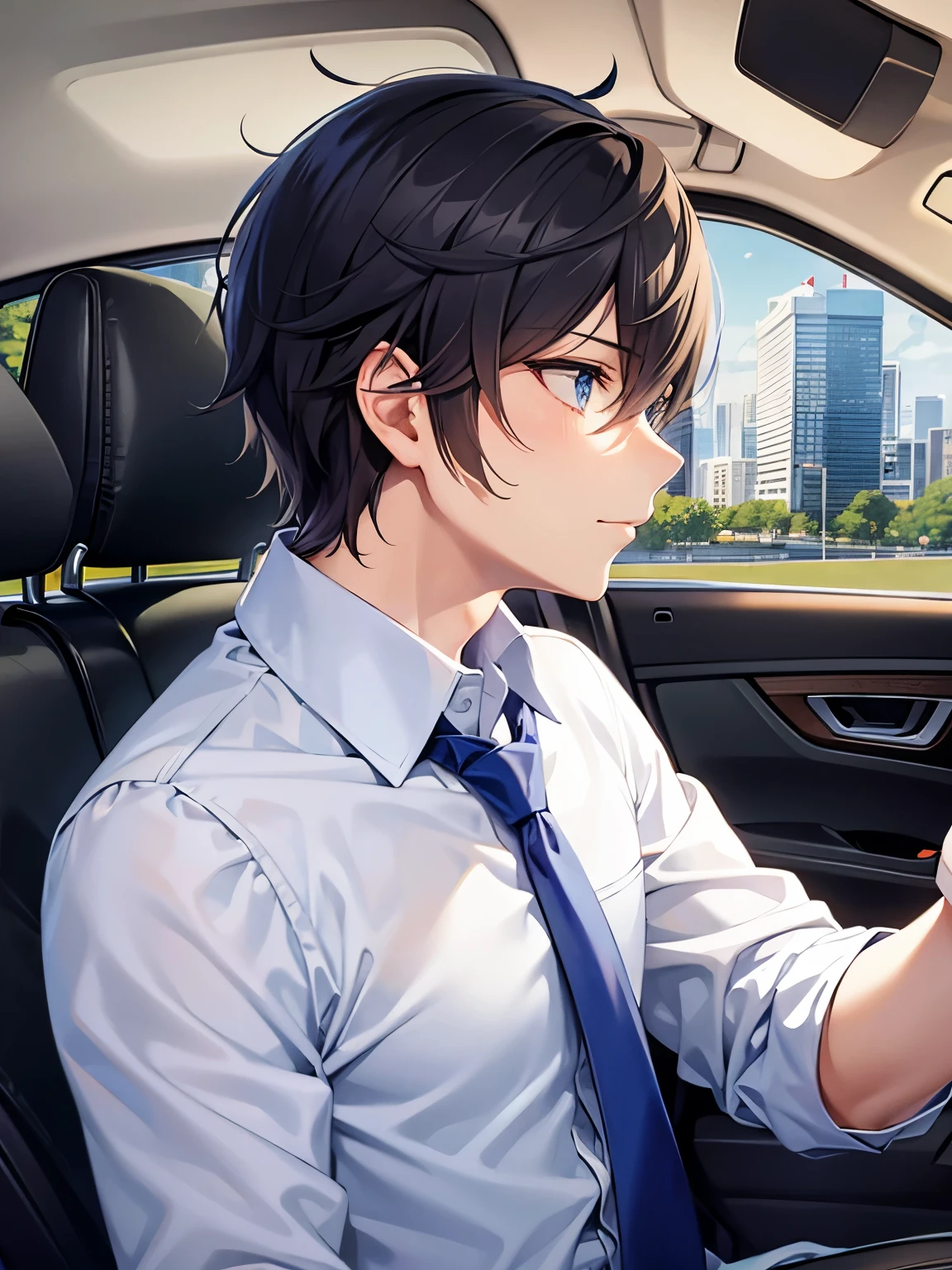 profile、I am driving a car、 shiny skin, masterpiece、Highest quality、 (2 male:1.5) and (Black short hair) and (blue eyes), (Wearing a suit:1.5) and (Blue tie)、 Serious,Driver's seat of a car、(alone:1.5)