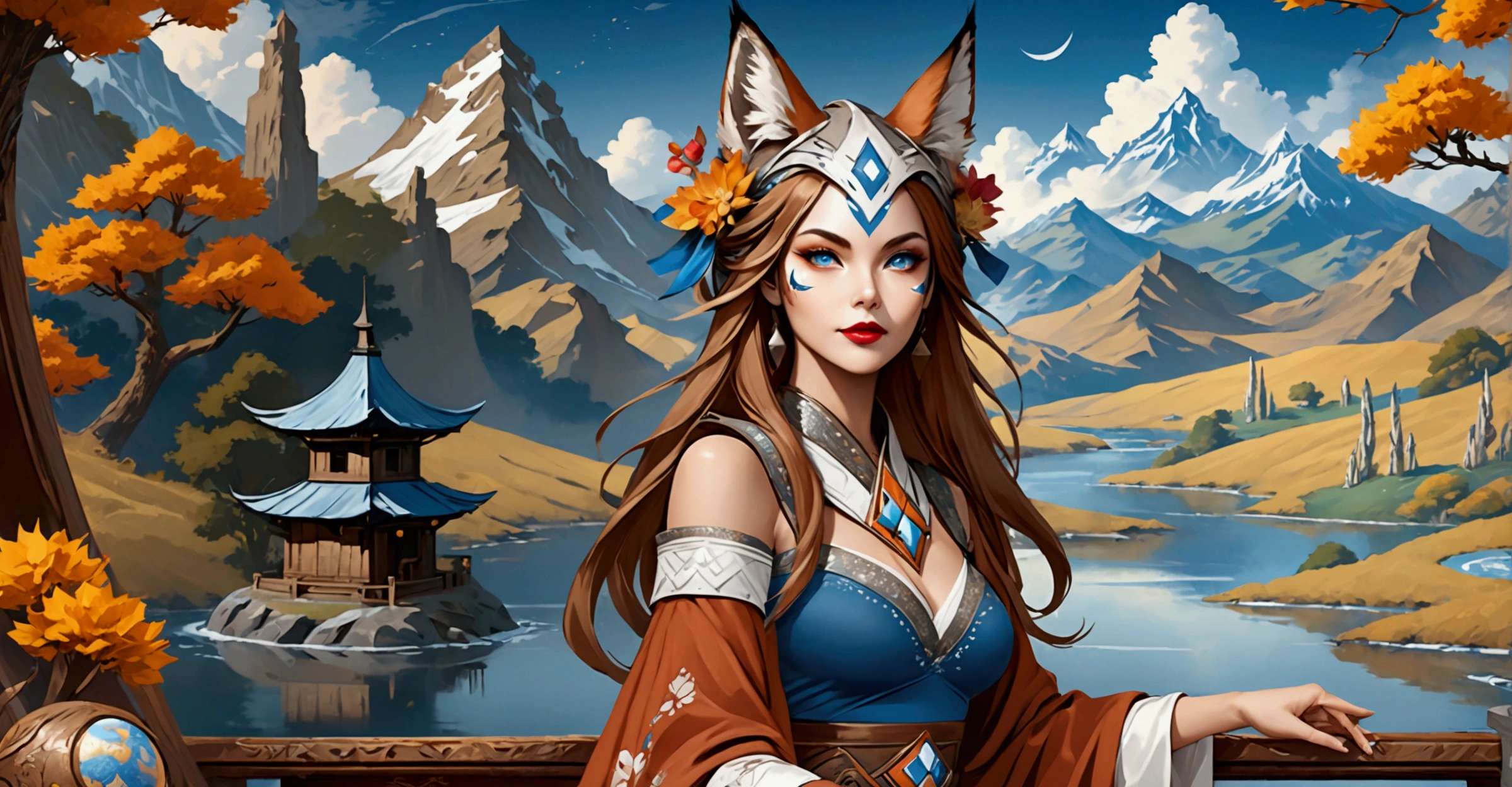 Anthropomorphic feminine kitsune enchantress. Official Art – An Award-Winning Digital Masterpiece In 4K Ultra HD, Extreme Detail And Intricate Realism. Symmetrical Face. This Concept Art Brought To Life By The Hands Of Artists Like Wlop & Artgerm In A Stunning 2D Vector Illustration. Background Is A Panoramic Vista.