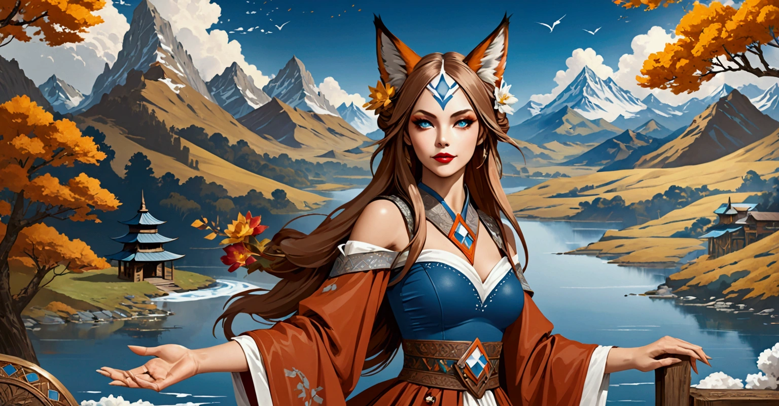 Anthropomorphic feminine kitsune enchantress. Official Art – An Award-Winning Digital Masterpiece In 4K Ultra HD, Extreme Detail And Intricate Realism. Symmetrical Face. This Concept Art Brought To Life By The Hands Of Artists Like Wlop & Artgerm In A Stunning 2D Vector Illustration. Background Is A Panoramic Vista.

