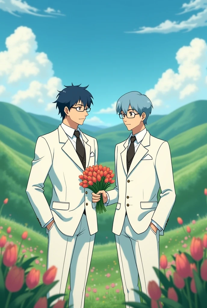 Create a gibli studio type image of two men in white suits, One with navy blue hair and the other with light blue hair and holding a bouquet of tulips in his hand, that both have glasses and brown eyes 