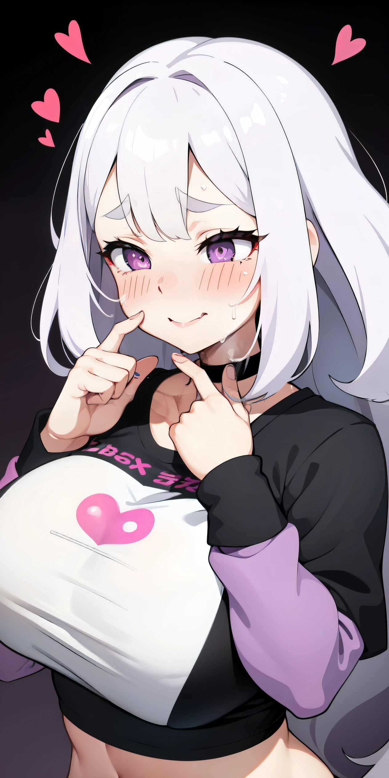 1girl,heart-shaped pupils,fingernails,hands on own face,white hair,purple eyes,(blush:1.1),choker,upper body,trembling,sweat,sweatdrop,heart,(speed lines:1.1),medium breasts, ((heavy breathing:1.3)), love, heart, crop top, happy, smile